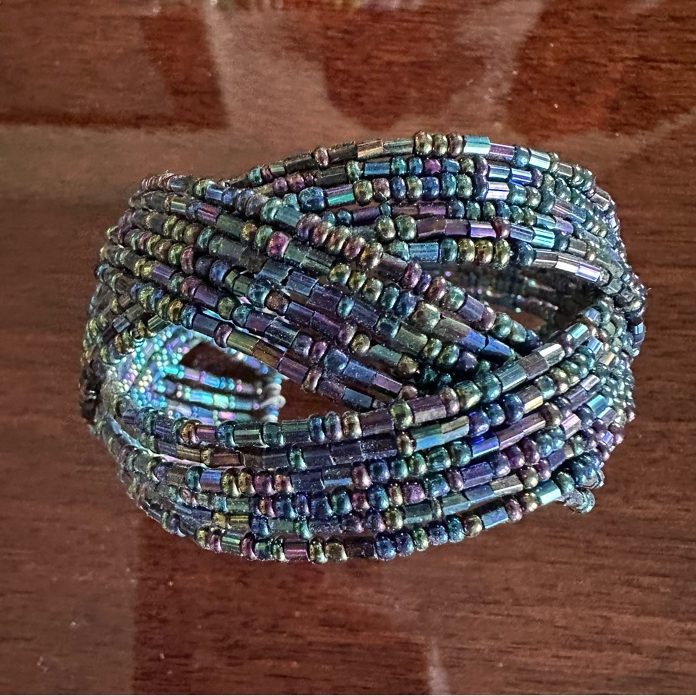 Beaded Blue Iridescent Cuff Bracelet
